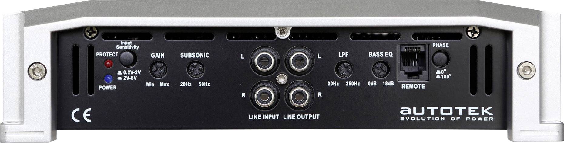 Zadní strana zesilovače 'Autotek' s nastavením ochrany, zesílení, subsonic filtru, dolní propusti, Bass EQ a přepínače fáze. Napájecí a audio konektory.