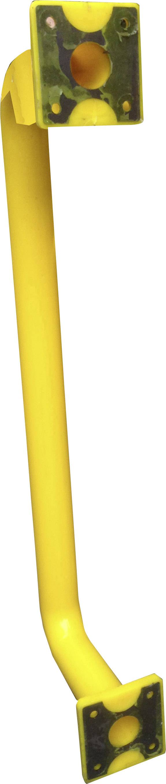 Žlutý, zahnutý kovový díl se dvěma obdélníkovými deskami na koncích, pravděpodobně rukojeť nebo držák.