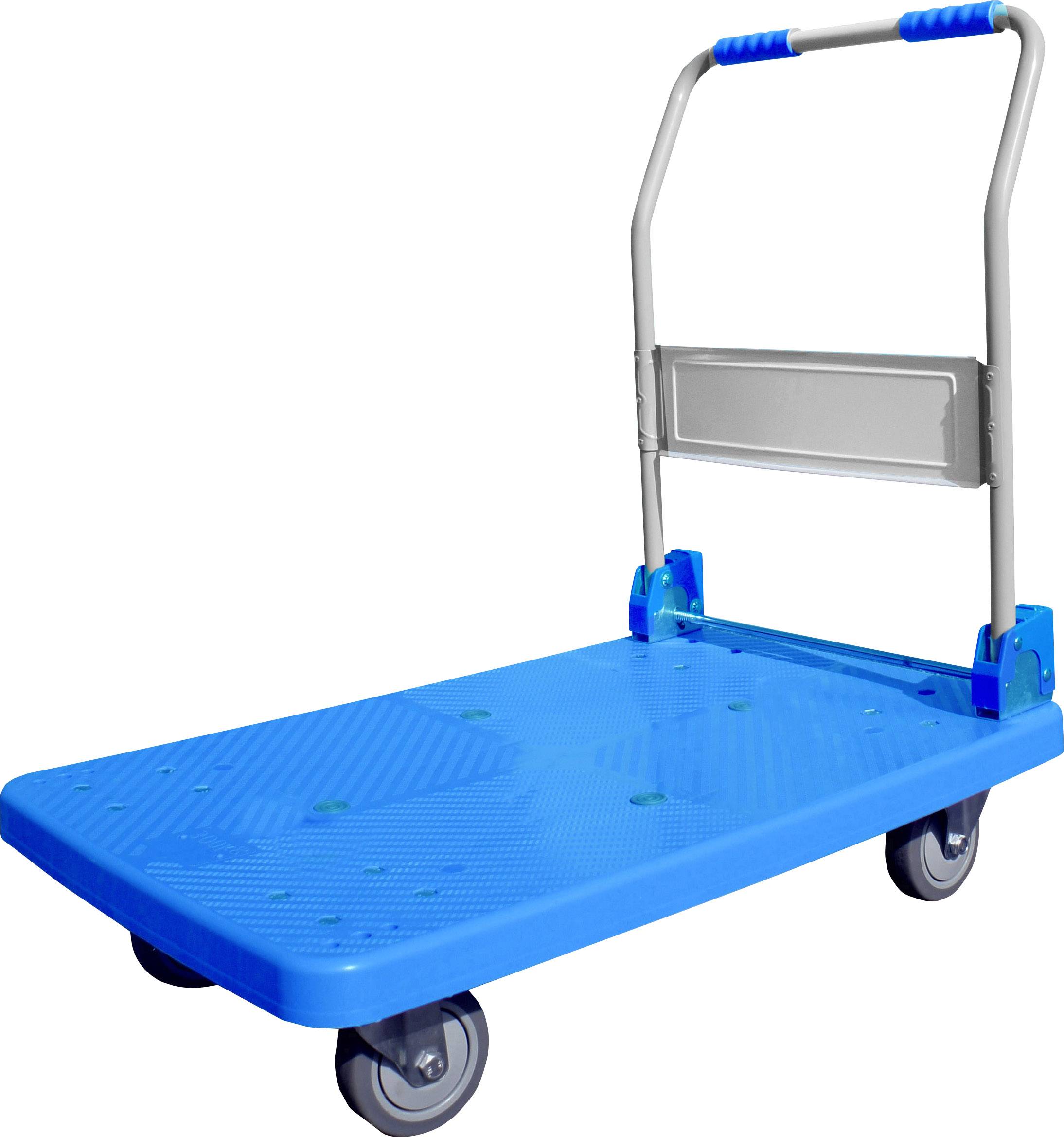 Modrý transportní vozík s kovovým madlem, čtyřmi koly a plochou plošinou pro přepravu nákladu.