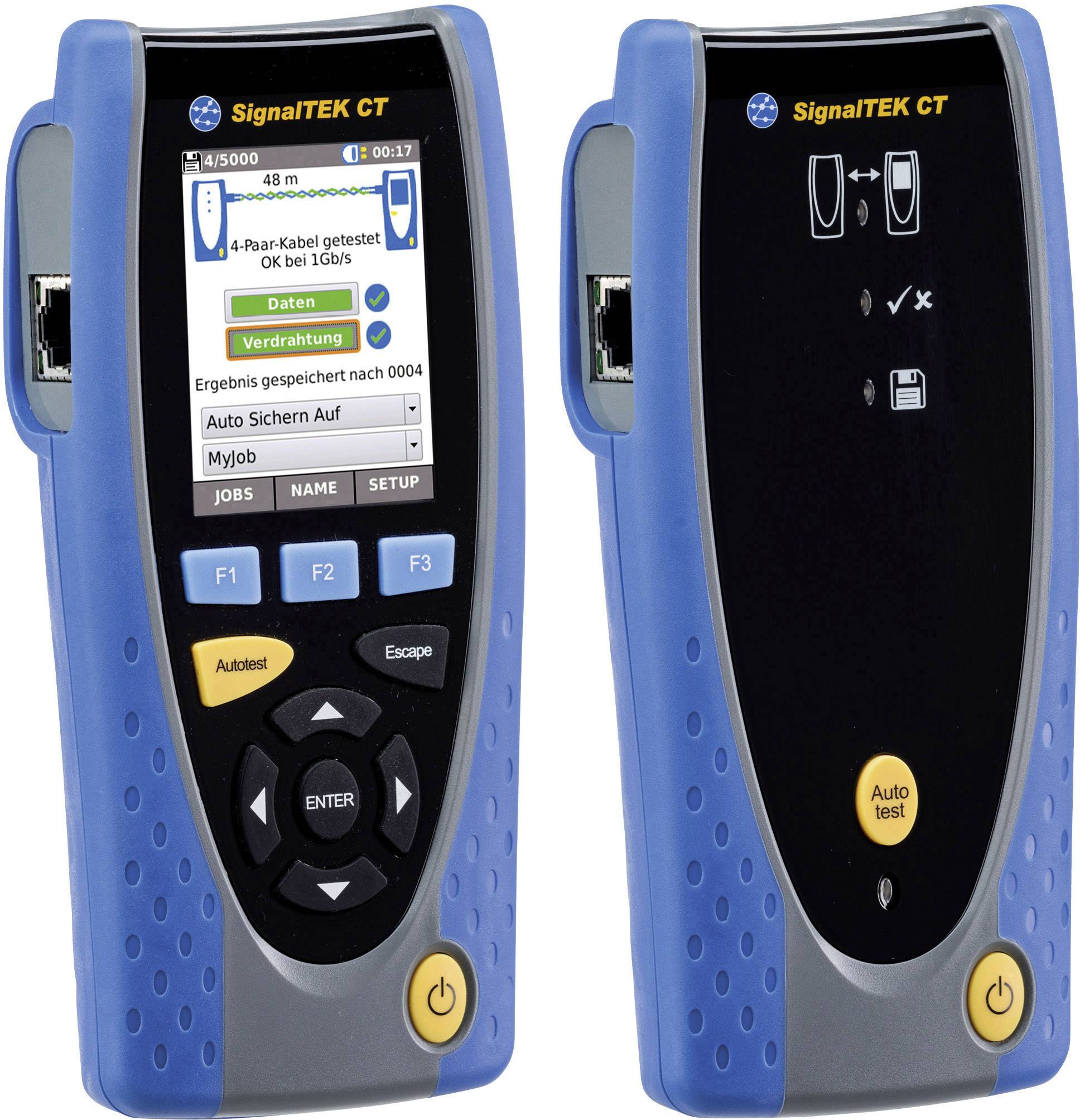 Zařízení pro testování kabelů, model SignalTEK CT, s displejem a tlačítky pro provádění testů a nastavení.