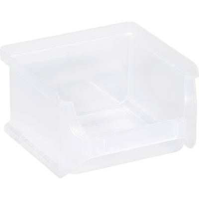 Průhledný, prázdný plastový úložný box otevřený dopředu nahoru.