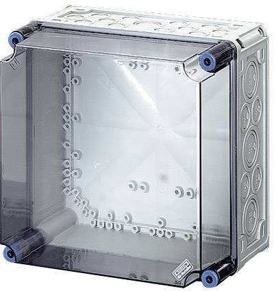 'Prázdný průhledný plastový box s otvory a modrými šrouby v rozích, pravděpodobně určený pro elektronické aplikace.'