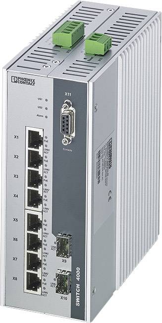 Průmyslový switch s více síťovými porty na přední straně, vhodný pro použití v technických nebo průmyslových síťových aplikacích.