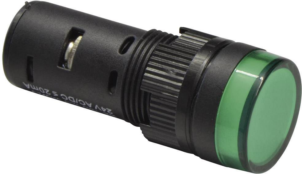 Černý válcový spínač se zelenou hlavou, vhodný pro aplikace s napětím 24V AC/DC.