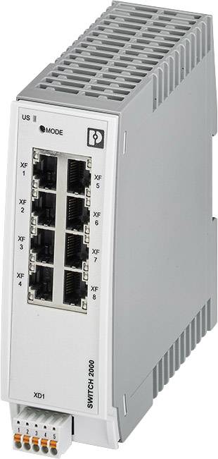 Šedostříbrný síťový switch modelu 'SWITCH-2000' s 8 ethernetovými porty a jedním konektorem na spodní straně.