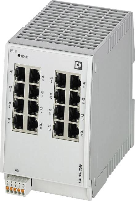 Šedý ethernetový switch s šestnácti porty RJ45, očíslovanými od 1 do 16. Jedná se o model switche 2000.