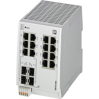 Průmyslový ethernetový switch s několika RJ45 porty, LED indikátory pro stavy a chyby. Používá se pro síťové připojení v rozvaděči.