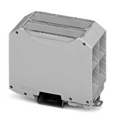 Šedý kryt pro elektrické přípojky se dvěma průchodkami, vhodný pro instalaci k organizaci kabelů.