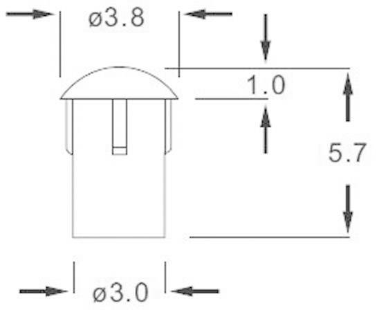 Diagram trubkovitého objektu s rozměry: průměr nahoře 3,8 mm, dole 3,0 mm, výška 5,7 mm, drážka 1,0 mm.
