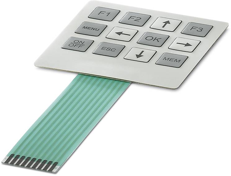 Plochý ovládací panel klávesnice s osmi tlačítky a flexibilním plochým kabelem. Tlačítka: F1, F2, F3, MENU, ZAP/VYP, ESC, OK, navigační šipky.