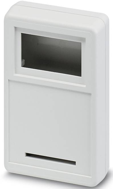 Obdélníkový, bílý plastový kryt s průhledným okénkem a dvěma štěrbinami, vhodný pro elektronické komponenty.