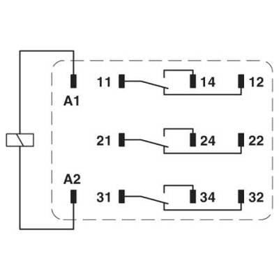 Elektrické schéma relé se třemi kontakty, s přípoji 11-14, 21-24, 31-34, jakož i svorkami A1 a A2.