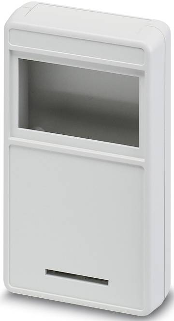 Bílý plastový obdélníkový kryt s průhledným oknem v horní třetině, pravděpodobně určený pro elektronické zařízení.