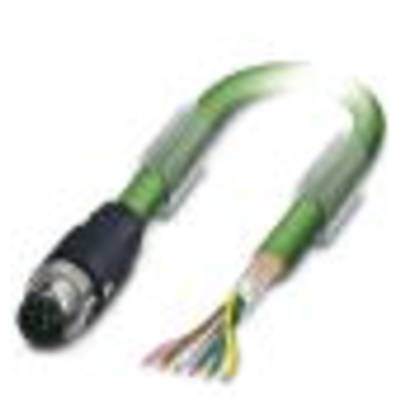 Zelený, vícežilový elektrický kabel s kovovým konektorem na jedné straně a holými vodiči na straně druhé.