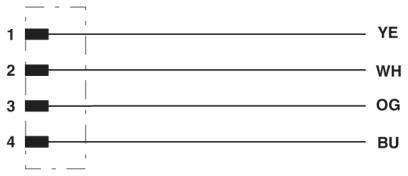 Diagram ukazuje čtyři číslované vedení s barevnými kódy: 1 - ŽL (Žlutá), 2 - BÍ (Bílá), 3 - OR (Oranžová), 4 - MO (Modrá).