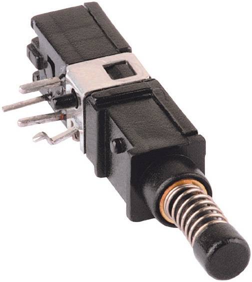 Černé tlačítko s pružinovým mechanismem a několika připojovacími kontakty, často používané v elektronických zařízeních.