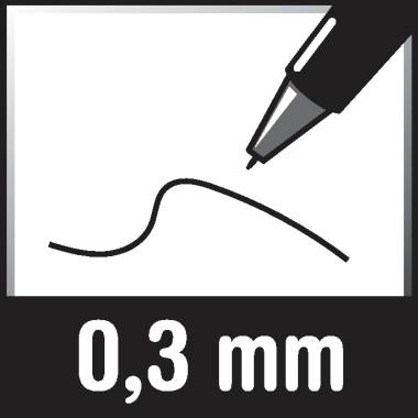 Ilustrace tužky kreslící čáru s nápisem '0,3 mm' označujícím tloušťku stopy.