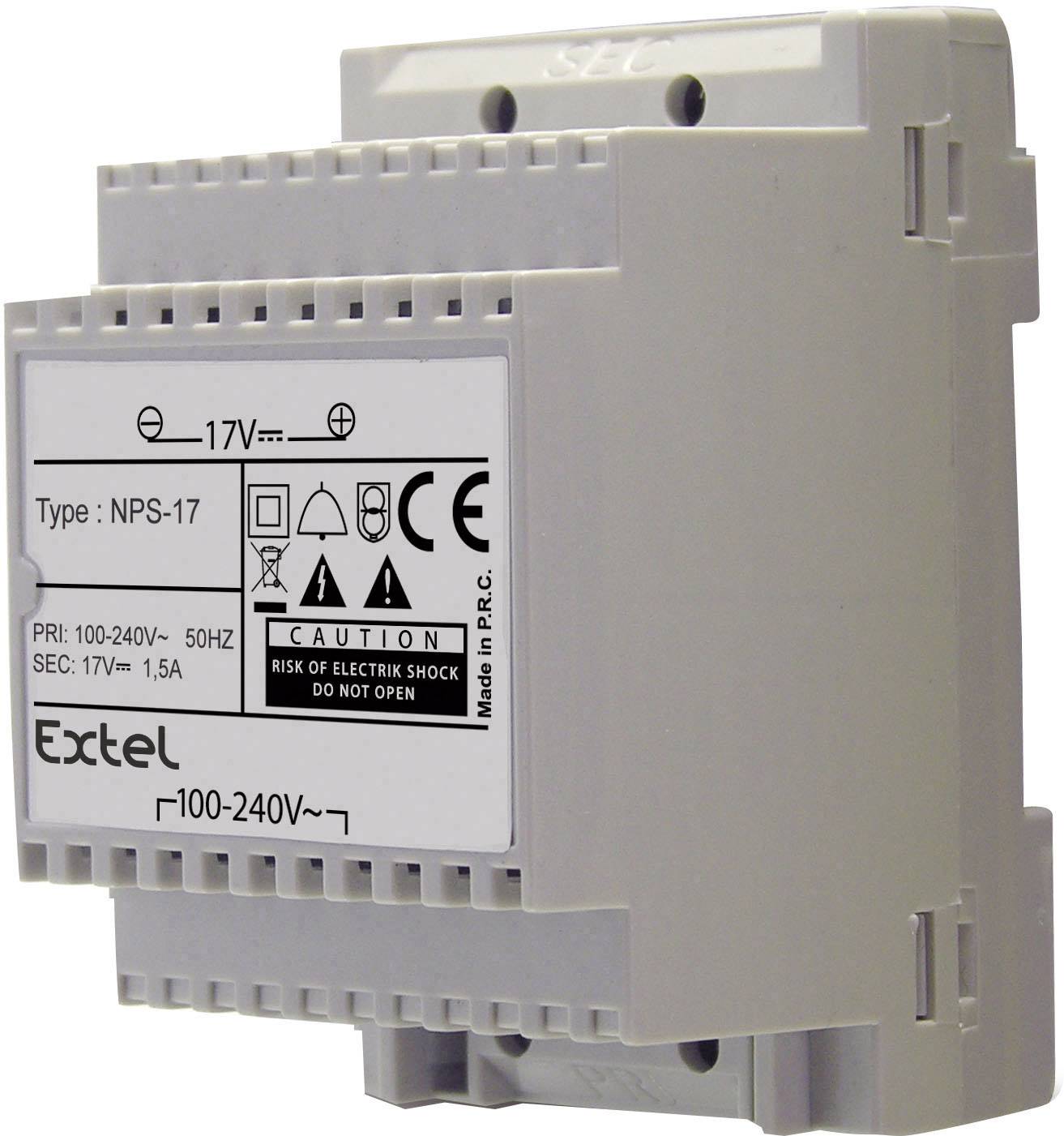 'Měnič polarit NPS-17, primární napětí: 100-240V, 50Hz, sekundární napětí: 17V, 1,5A. Varování: Riziko úrazu elektrickým proudem, neotevírat.'