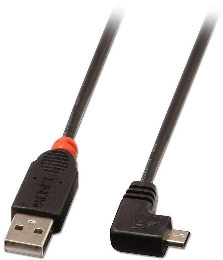 USB kabel se standardním USB konektorem vlevo a pravoúhlým micro-USB konektorem vpravo. Ideální pro nabíjení a přenos dat.