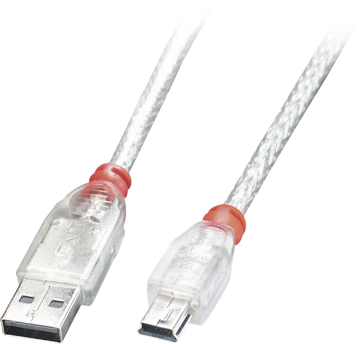 USB kabel s USB-A konektorem vlevo a mini-USB konektorem vpravo na bílém pozadí.