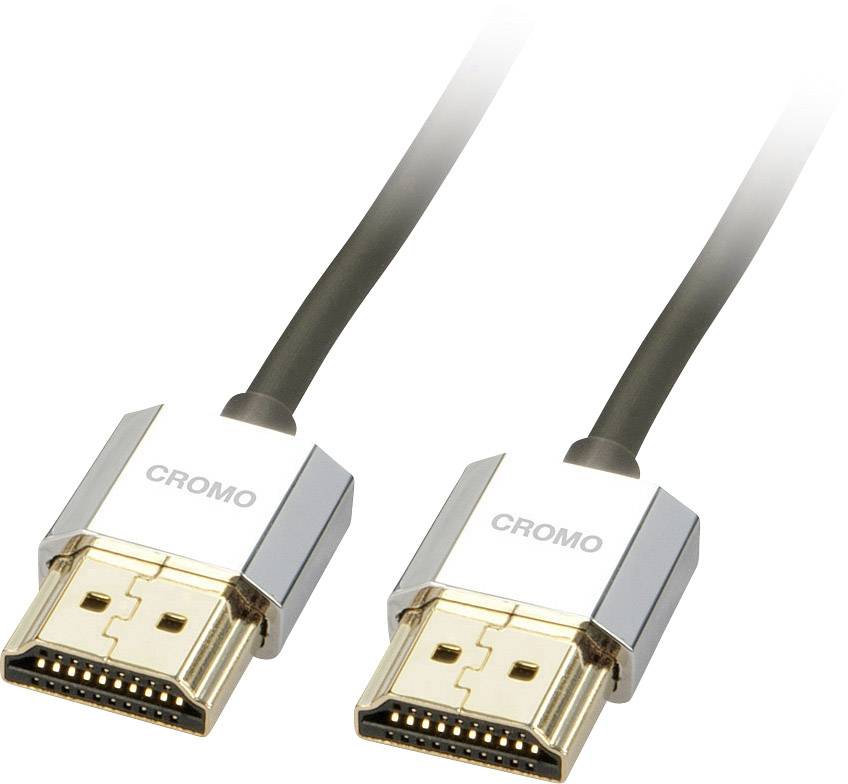 Dva HDMI kabely se stříbrnými konektory jsou vidět. Na koncovkách je nápis 'CROMO'. Vhodné pro video a audio připojení.