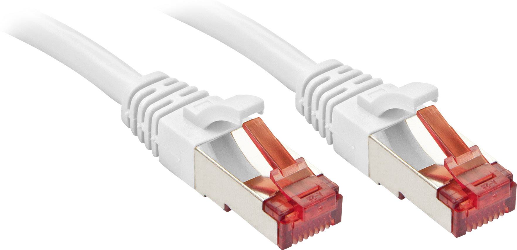 Dva bílé ethernetové kabely s červenými konektory, které se používají pro síťová připojení.