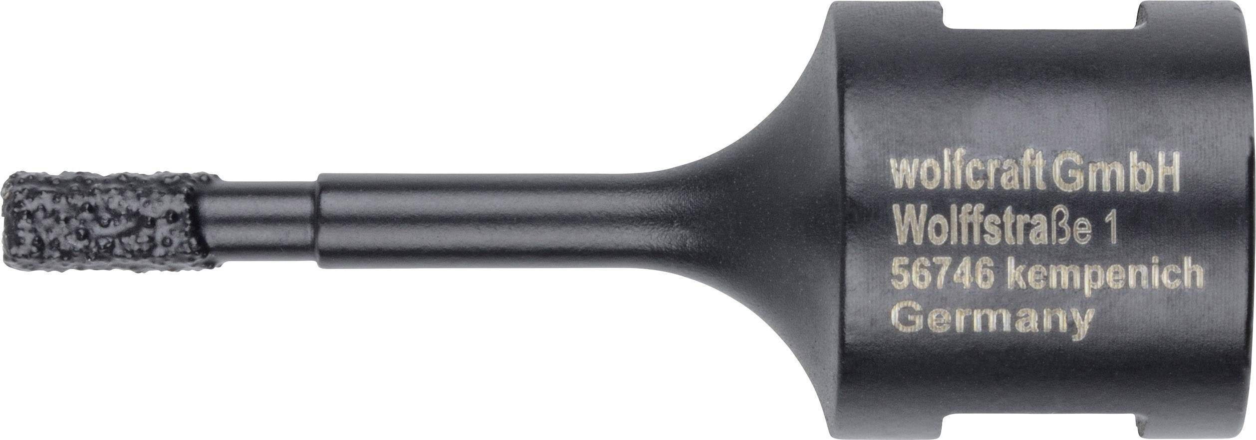 Černý nástroj s nápisem: 'wolfcraft GmbH, Wolfstraße 1, 56746 Kempenich, Německo'.