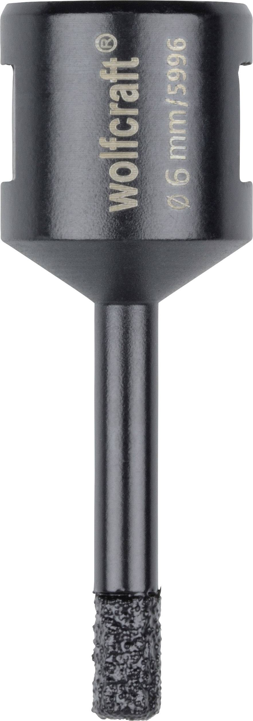 Vrtací koruna Wolfcraft, průměr 6 mm, vhodná pro přesné vrtání do tvrdých materiálů, jako jsou dlaždice nebo žula.