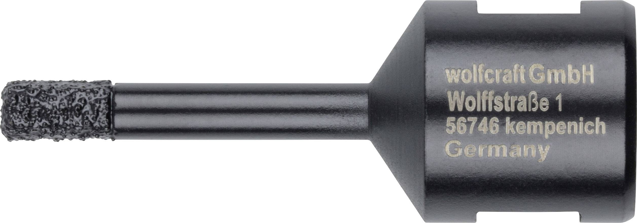 Černý válcový adaptér s nápisem wolfcraft GmbH, Wolffstraße 1, 56746 Kempenich, Německo.