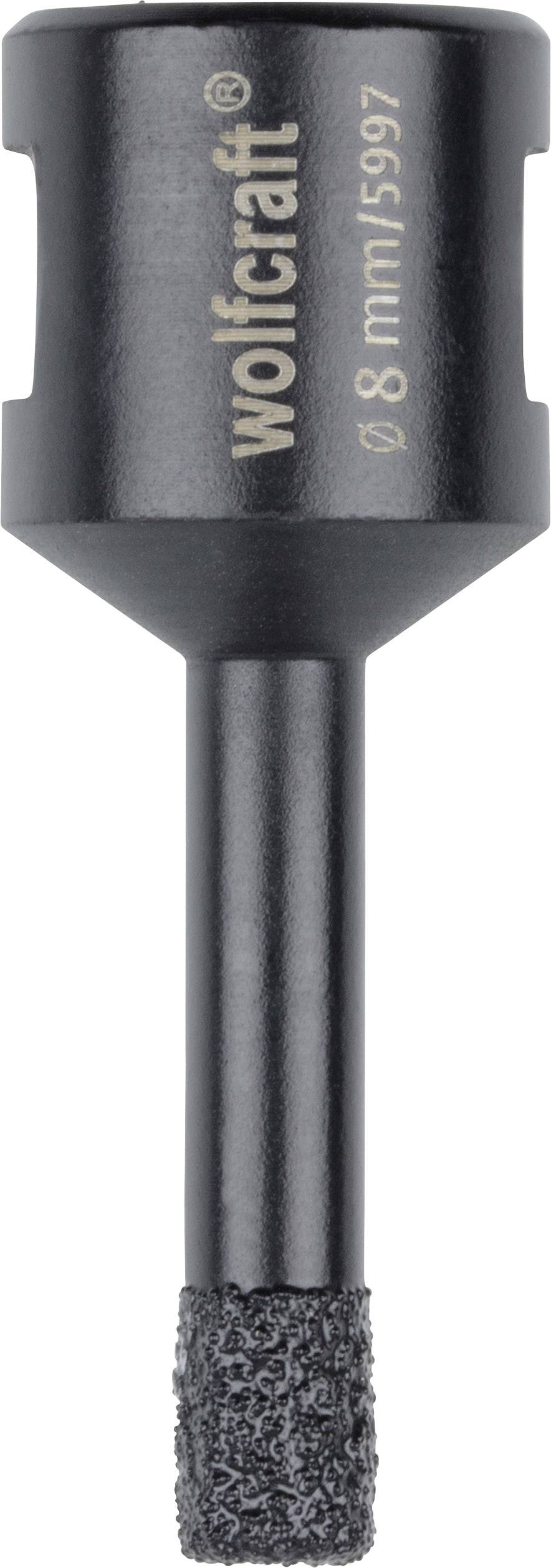Černý vrtací vrták od Wolfcraftu o průměru 8 mm s hrubým hrotem určený pro vrtání do tvrdých materiálů.