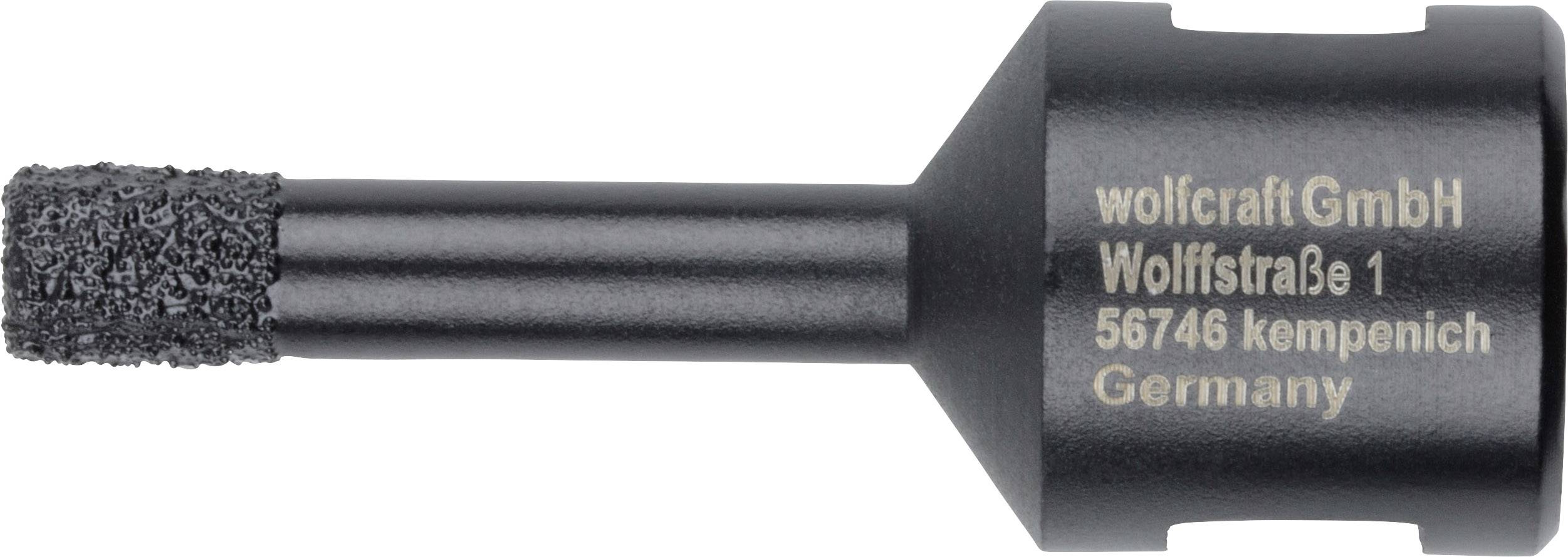 Černý nástroj s hrubým koncem, potištěný adresou 'wolfcraft GmbH, Wolffstraße 1, 56746 Kempenich, Německo'.
