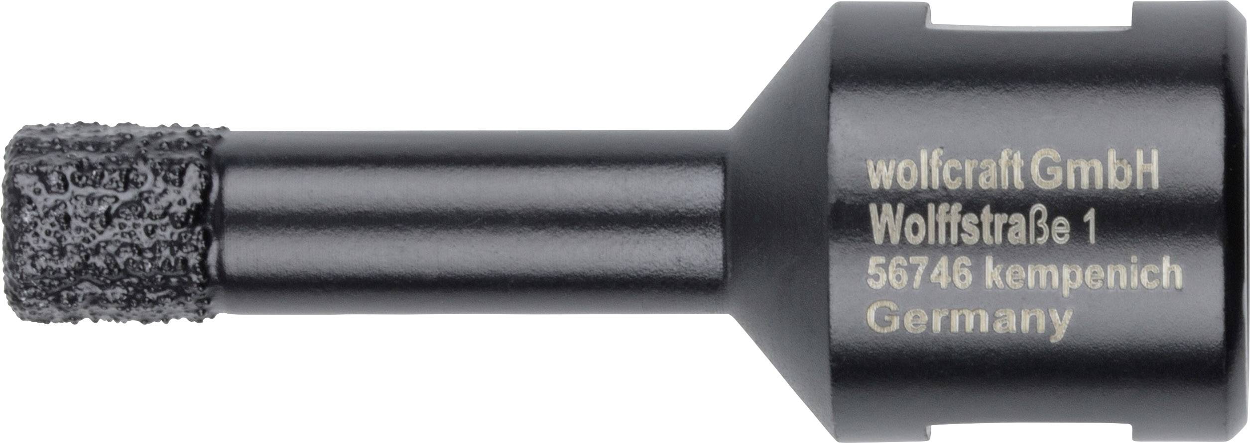 Černý nástavec vrtáku s drsným povrchem. Po straně je zlatý nápis s detaily jako 'wolfcraft GmbH' a adresou.