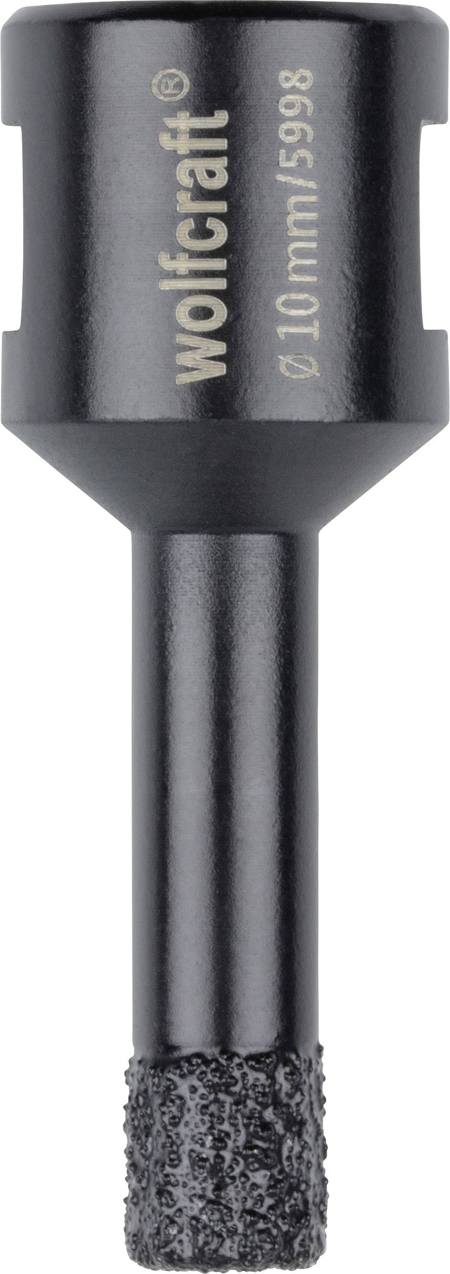 Nástavec vrtáku s nápisem 'wolfcraft, Ø 10 mm, 5998', černý, válcovitého tvaru. Vhodný pro materiály jako dlaždice nebo sklo.