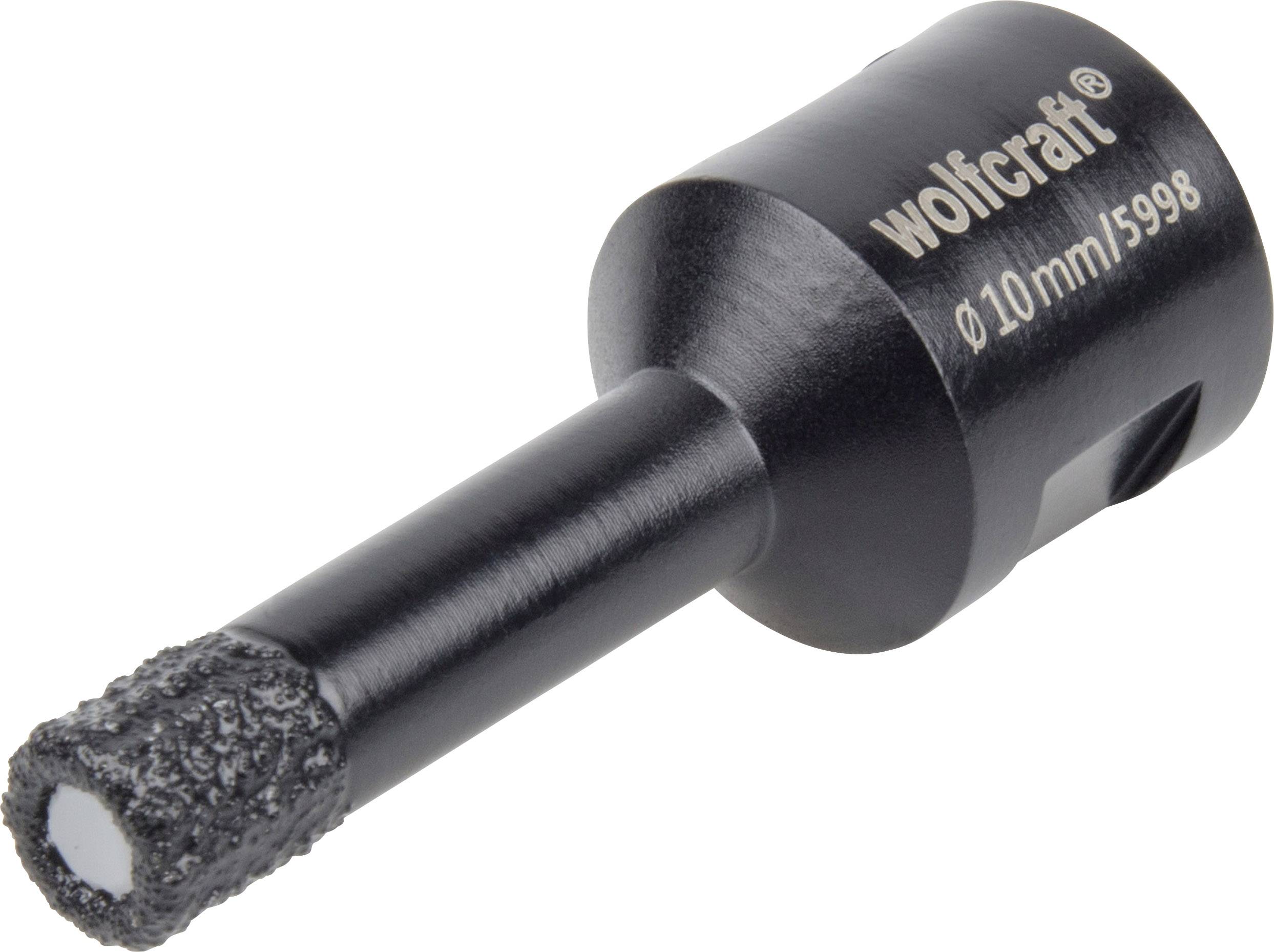 Černě potažený vrták od Wolfcraftu s průměrem 10 mm a označením '5998' na povrchu.