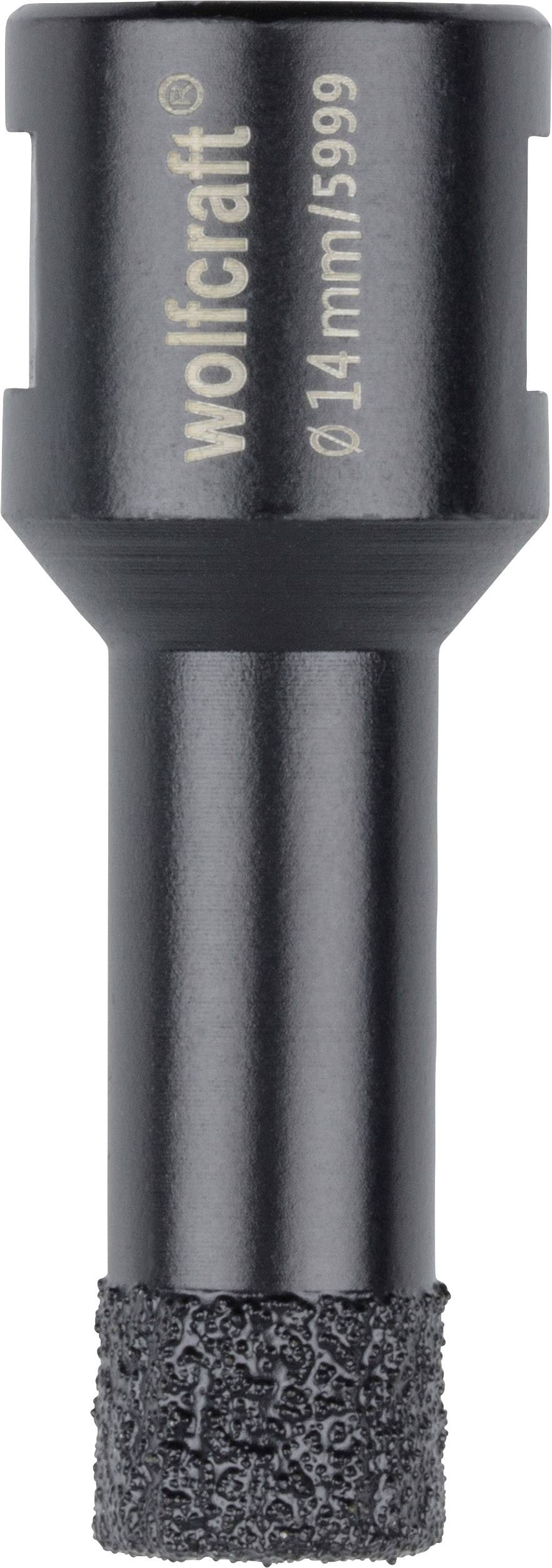 Nástavec vrtáku z černého kovu s hrubým hrotem, nápis 'wolfcraft Ø14mm/5999'.