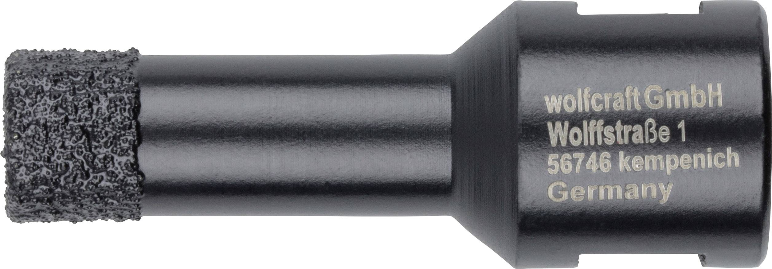 Detailní záběr černého brusného nástavce s nápisem 'wolfcraft GmbH, Wolfstraße 1, 56746 Kempenich, Německo'.