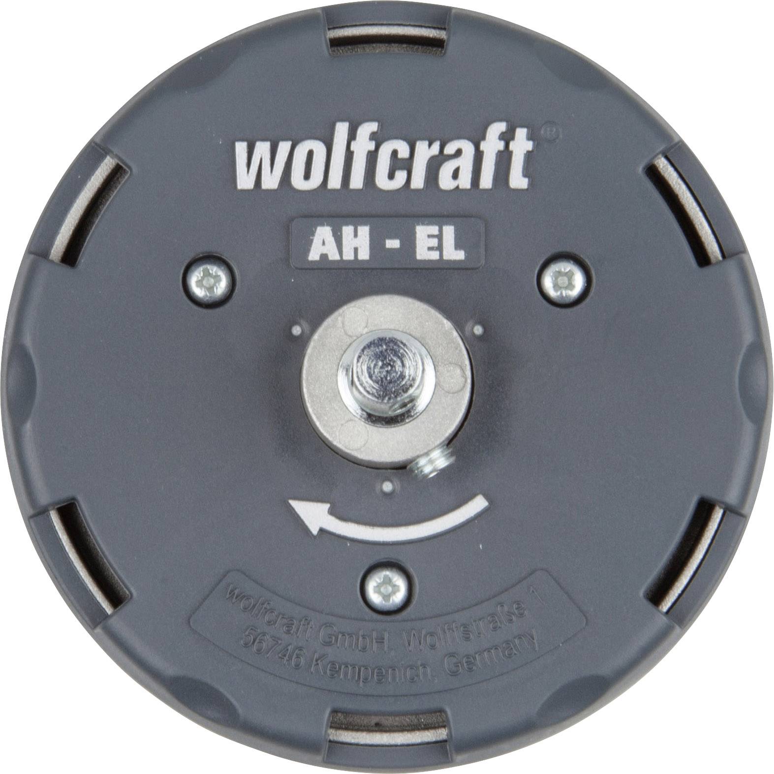 Přípravek Wolfcraft AH-EL - kulatý držák vrtačky se montážními šrouby, název značky a modelu viditelný nahoře.