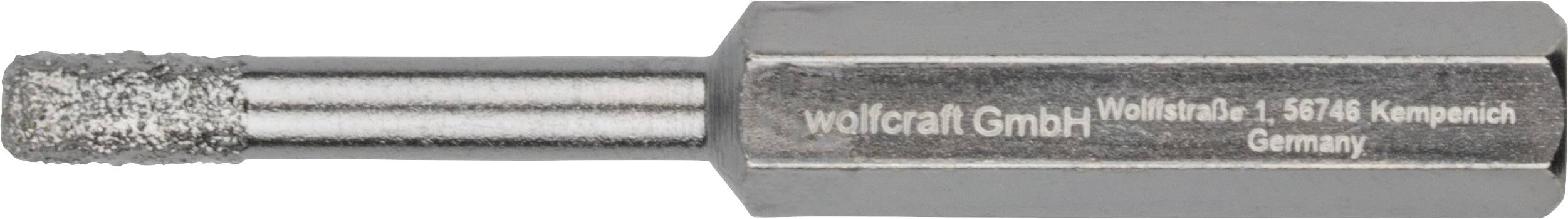 Vrták s diamantem potaženou hlavou, gravírovaný nápisem 'wolfcraft GmbH, Wolffstraße 1, 56746 Kempenich, Německo'. Primárně určený pro sklo nebo keramické dlaždice.