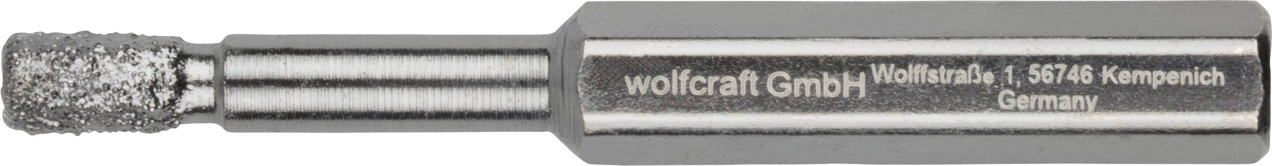 Vrtací nástavec s drsným hrotem s nápisem 'wolfcraft GmbH, Wolffstraße 1, 56746 Kempenich, Německo'.