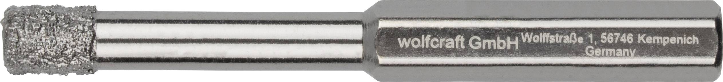 Kovový rotační řezač s drsným hrotem a hladkou stopkou, označený 'wolfcraft GmbH, Wolffstraße 8, 56746 Kempenich, Německo'.