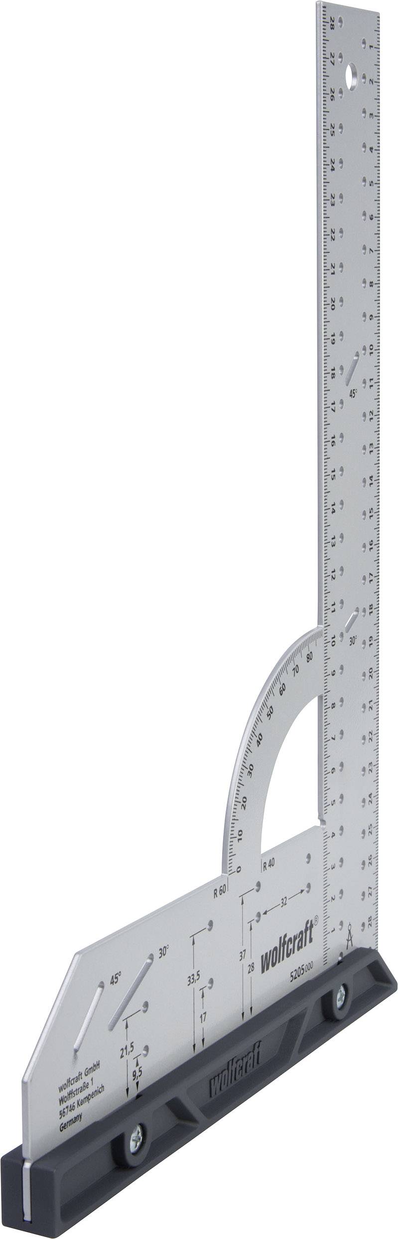 Úhloměr s měřicími stupnicemi a černou základnou, který je užitečný pro přesné měření a vyznačování úhlů v technických výkresech.