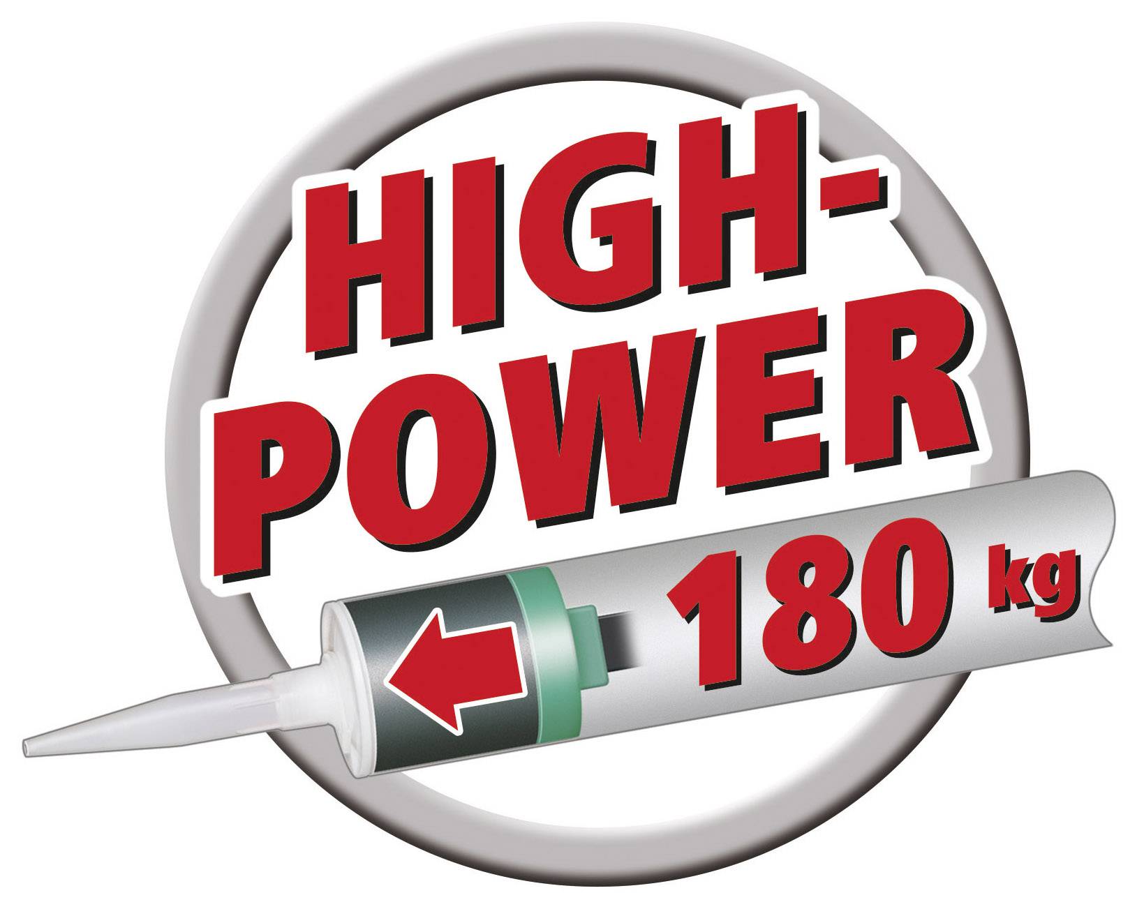 Obrázek ukazuje injekční stříkačku s nápisem 'HIGH-POWER 180 kg'. Červený šipka míří doleva.