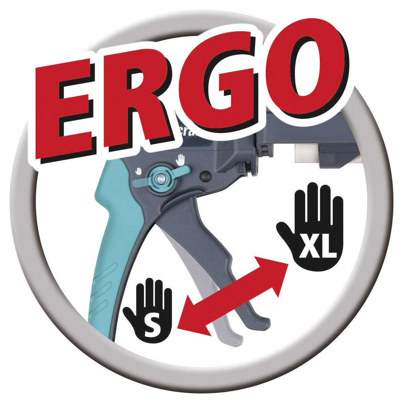 Logo 'ERGO' s obrázkem ergonomického nástroje, který zobrazuje nastavitelnou rukověť od velikosti S po XL, symbolizovanou pomocí rukou.