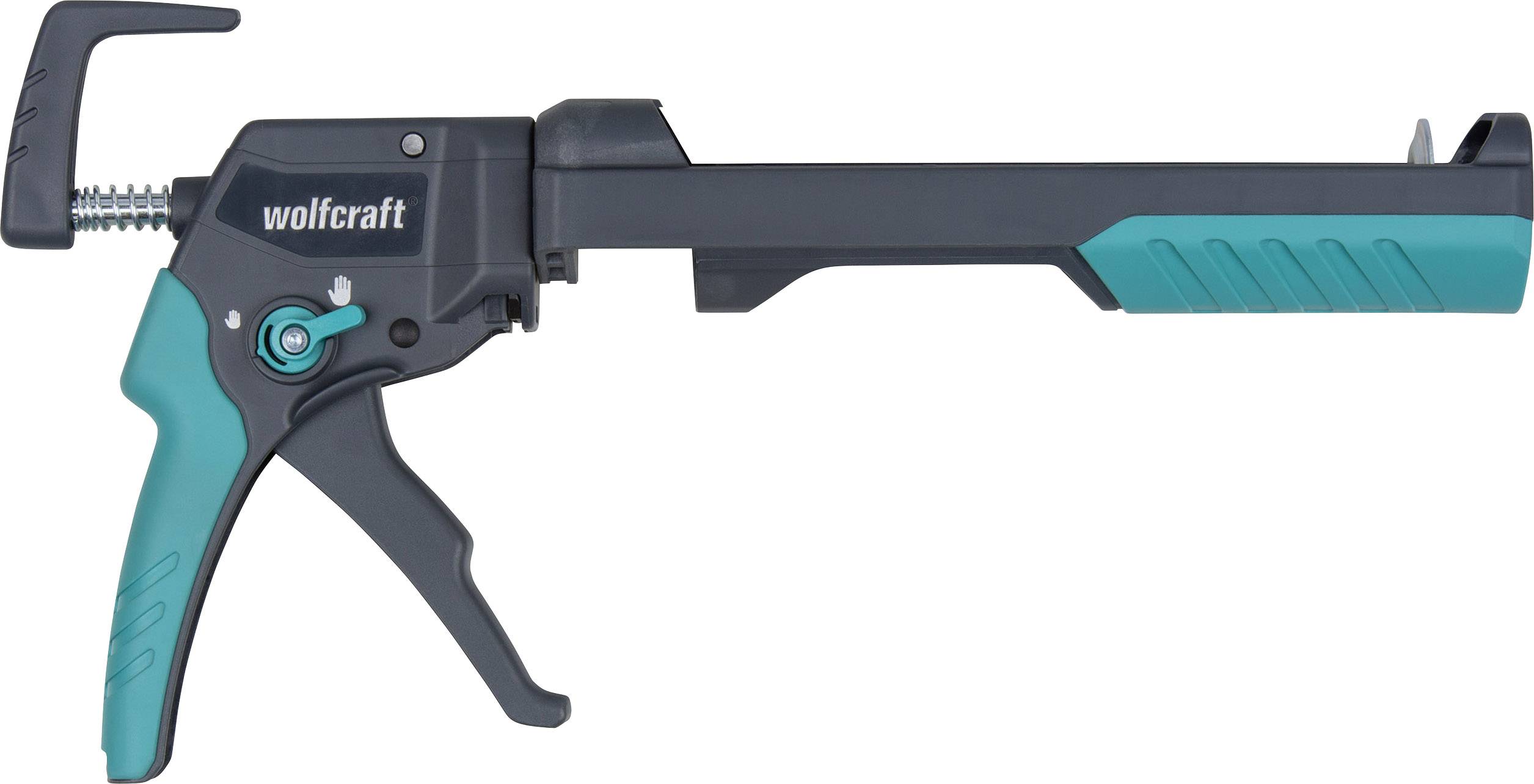 Ruční svěrka Wolfcraft v šedé a tyrkysové barvě, s ergonomickou rukojetí a nastavovacím kolečkem pro přesné upnutí obrobků.