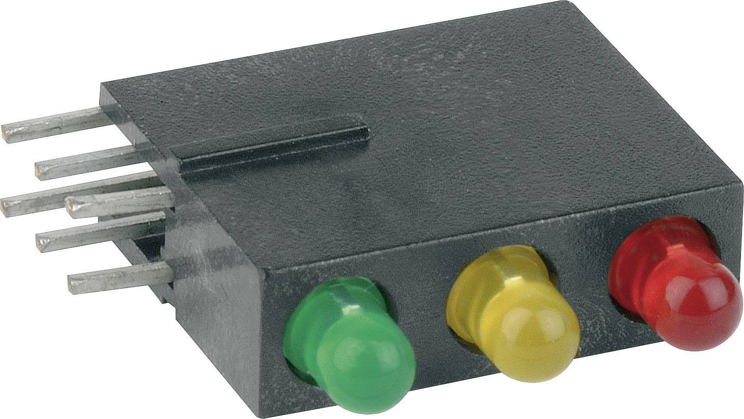 Černý plastový blok se třemi vestavěnými LED diodami v barvách zelené, žluté a červené, vlevo opatřený kovovými kolíky pro elektrické propojení.