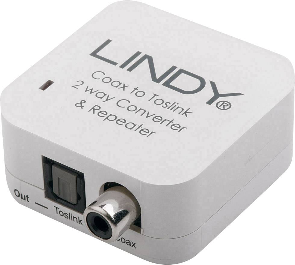 Malý bílý LINDY konvertor s nápisem "Coax to Toslink obousměrný konvertor a repeater" s Toslink a koaxiálními přípojkami.