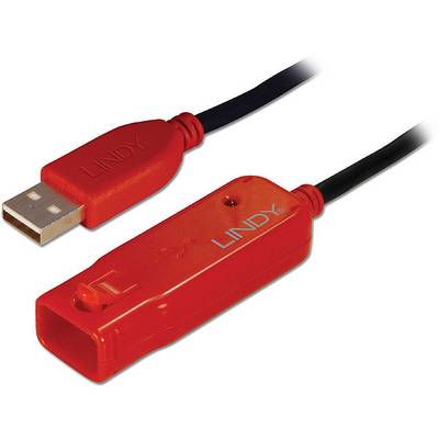 Červený prodlužovací USB kabel se specifickým adaptérovým pouzdrem a logem LINDY. Propojuje zařízení na delší vzdálenosti.