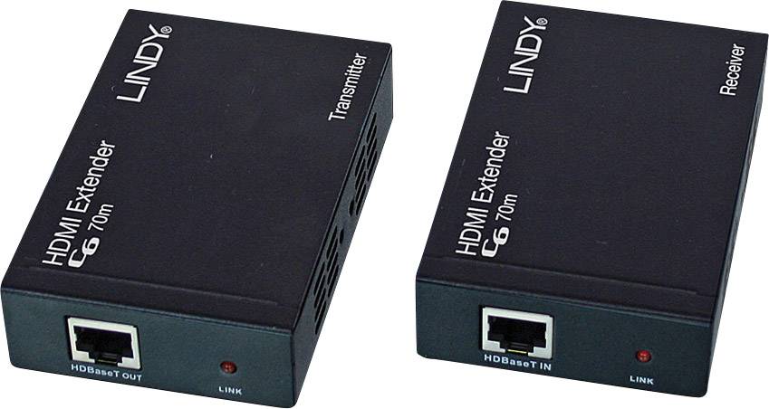 Dva černé HDMI extendery značky Lindy pro přenos na vzdálenost 70 metrů, označené jako 'Transmitter' a 'Receiver', každý s jedním ethernetovým portem.