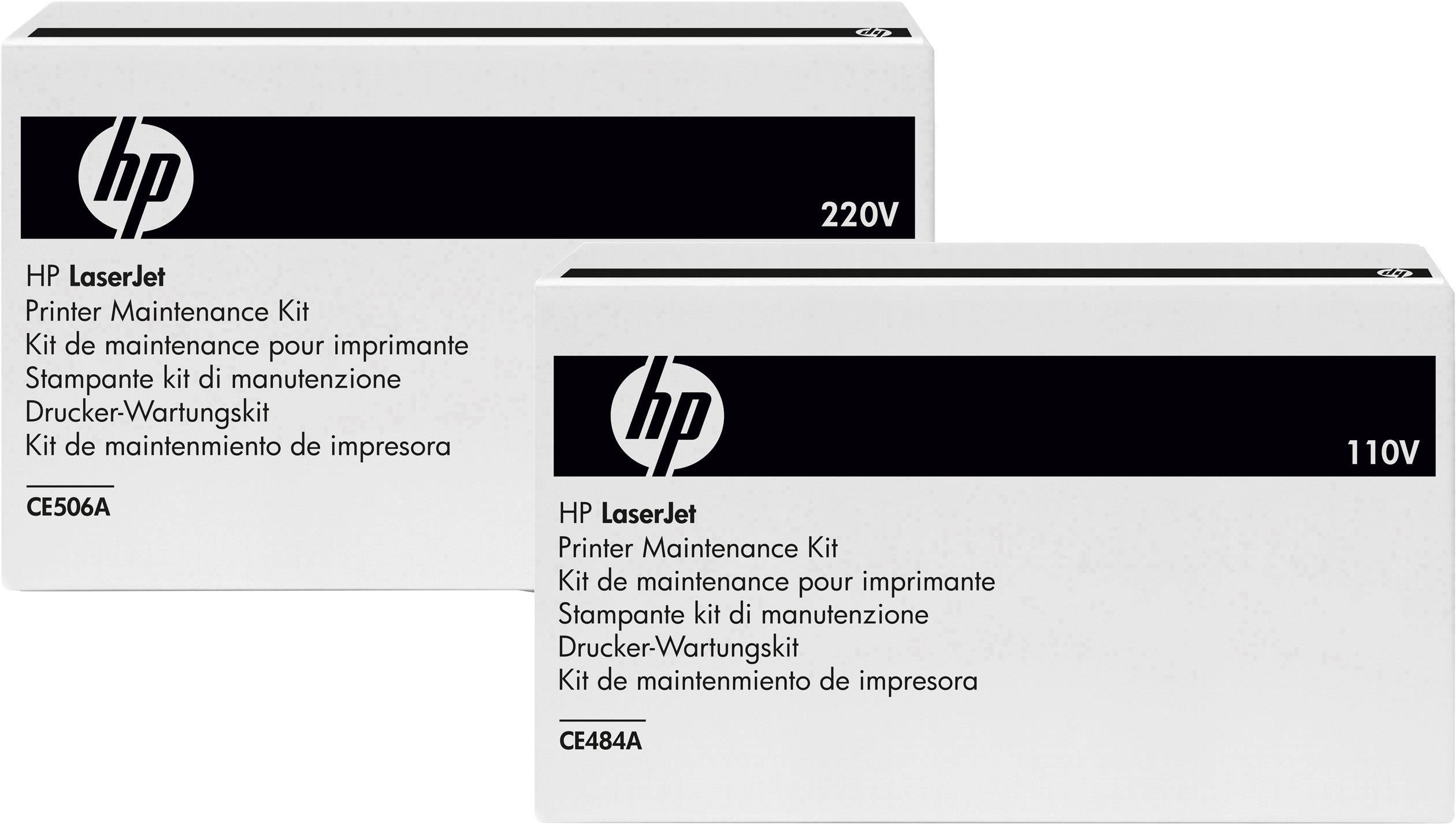 Dva servisní sady pro tiskárny HP LaserJet, 220V a 110V, určené pro údržbu tiskáren. Hlavnítext: "Servisní sada tiskárny" v několika jazycích.