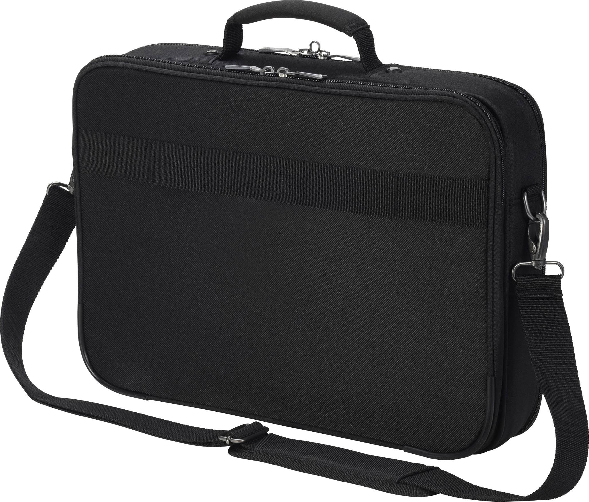 Černá aktovka s ramenním popruhem a rukojetí, vhodná pro laptopy nebo dokumenty, na bílém pozadí.
